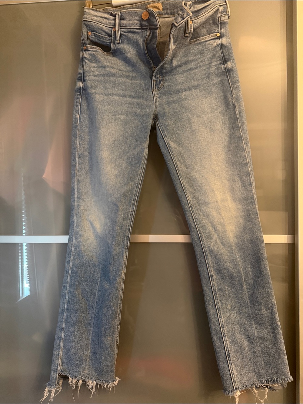 MOTHER Light Wash Straight Jeans with Frayed Hem